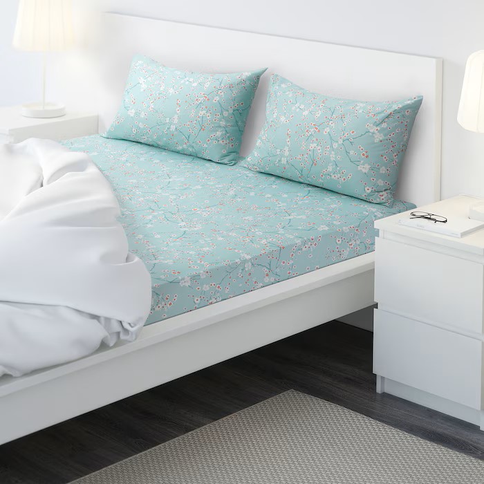 IKEA ASKLÖNN FLAT SHEET AND 2 PILLOWCASE, CHERRY BLOSSOM BRANCH/WHITE/GREEN 240X260/50X80CM (94X102/20X32")