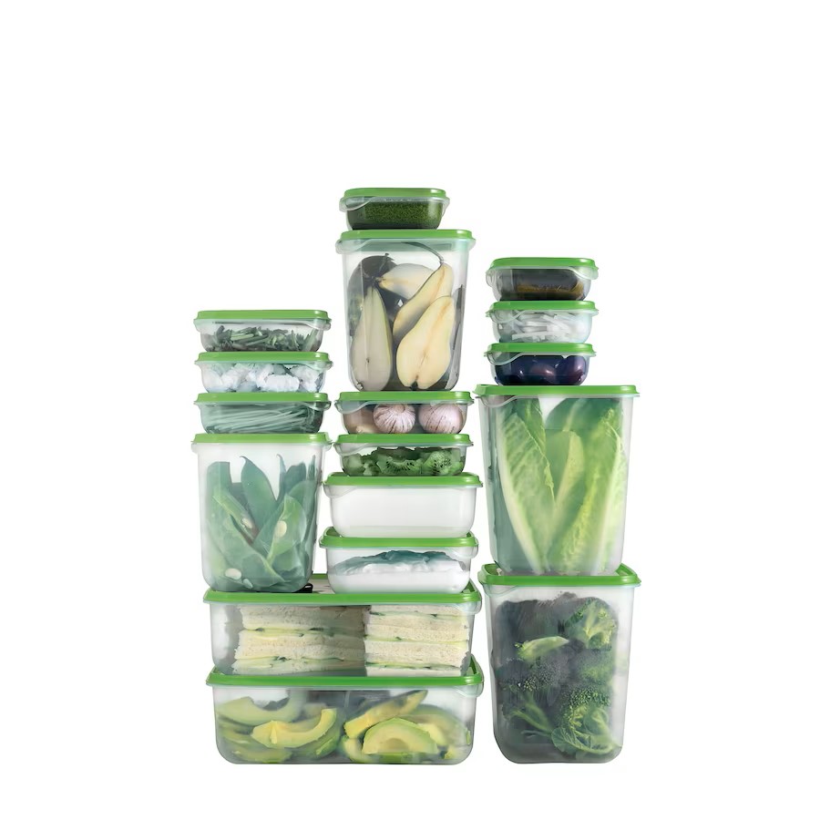 IKEA PRUTAFOOD CONTAINER, SET OF 17, CLEAR/GREEN