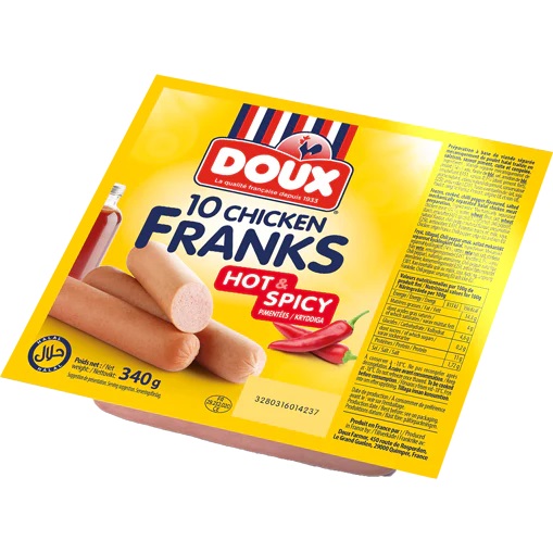 DOUX CHICKEN HOT & SPICY FRANK (SAUSAGES) 340G