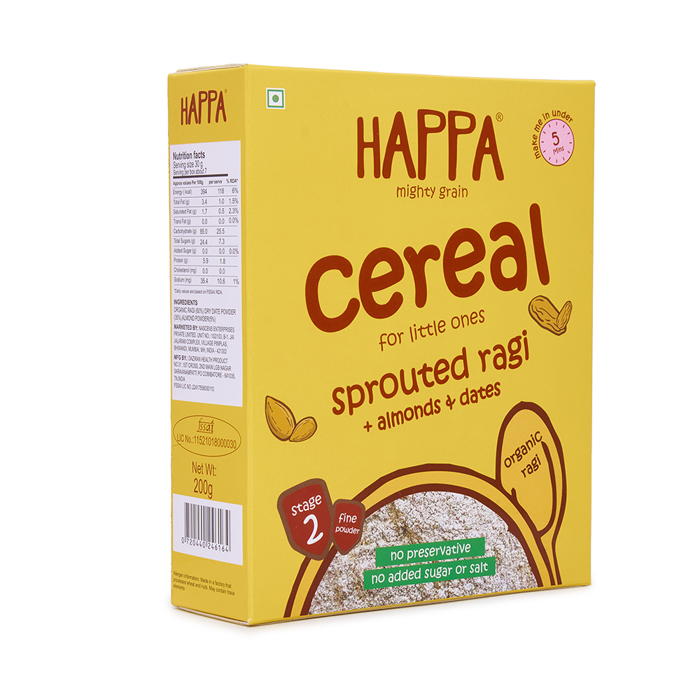 HAPPA ORGANIC CEREAL SPROUTED FINGER MILLET (RAGI) ALMONDS + DATES 200G