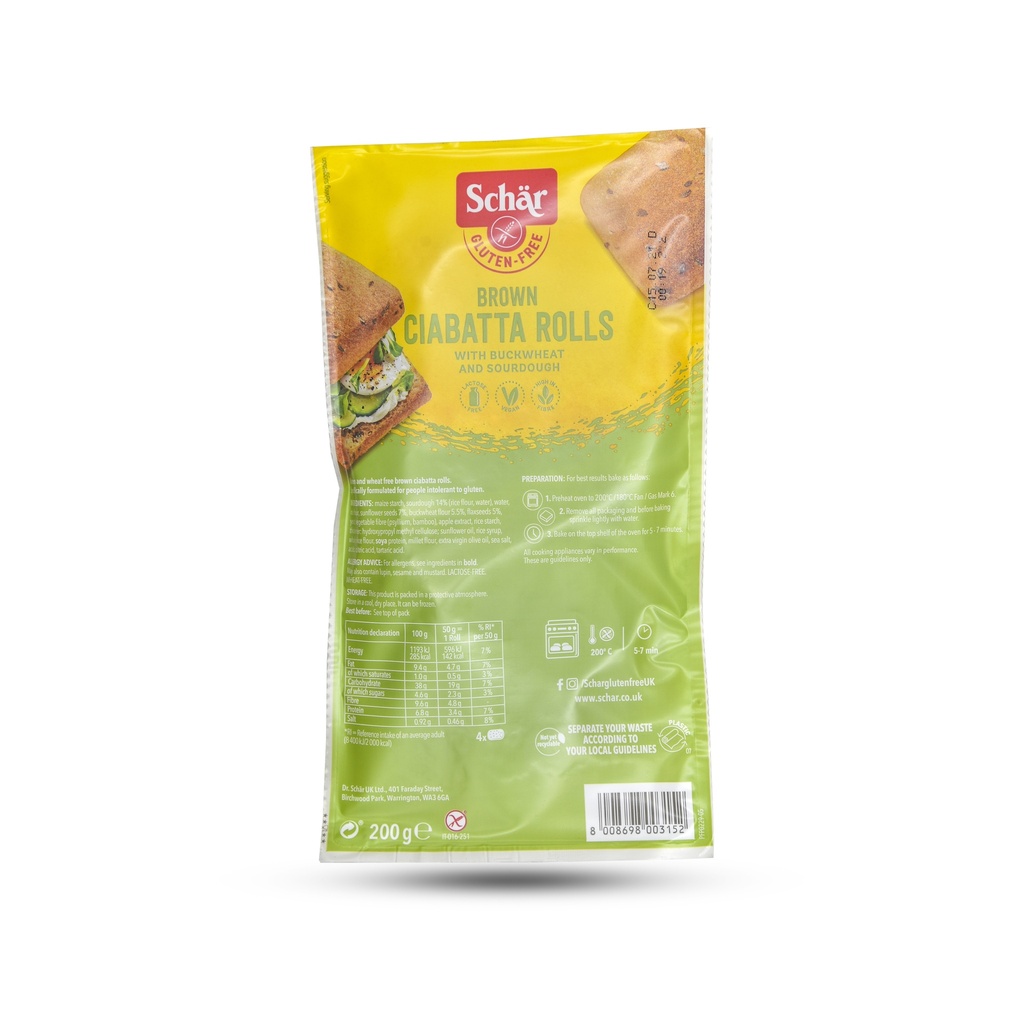 SCHAR GLUTEN FREE BROWN CIABATTA ROLLS 200G