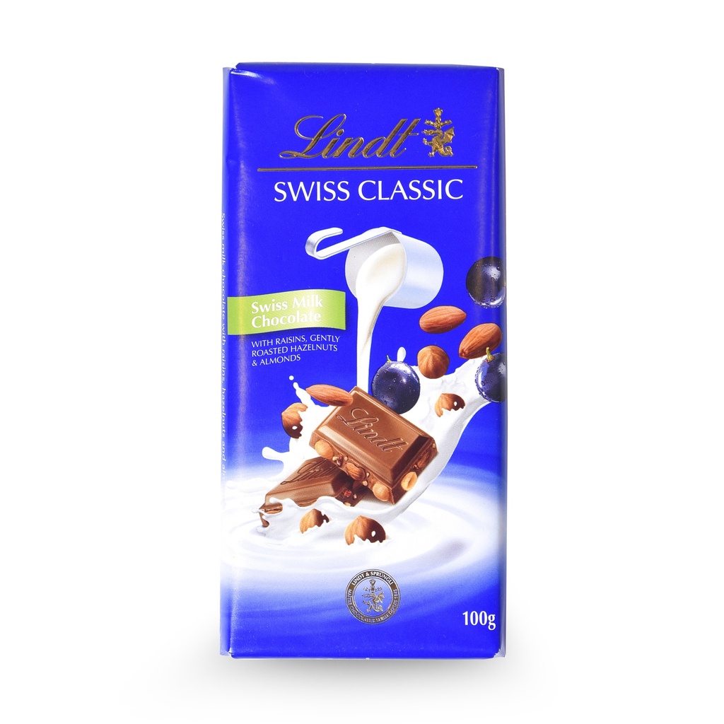 LINDT CLASSIC MILK RAISIN AND HAZELNUT 100G