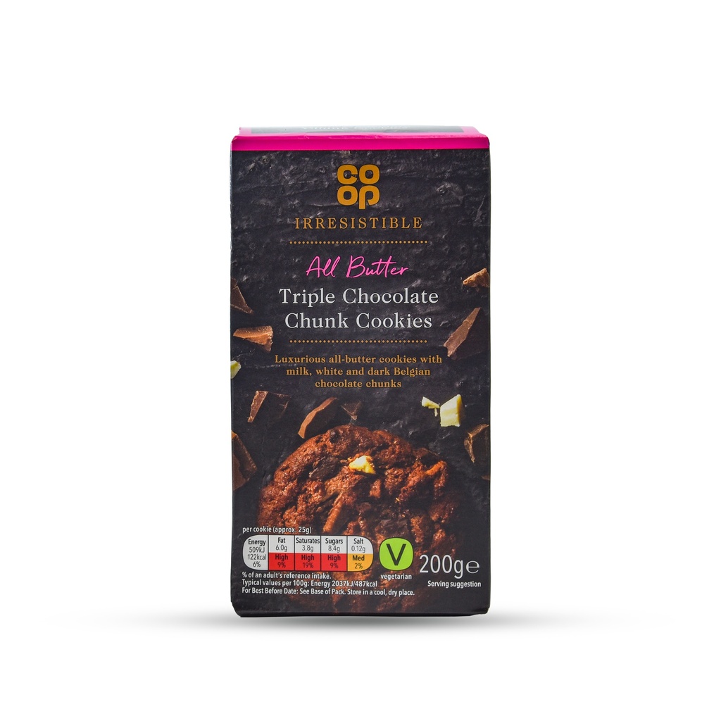 CO-OP IRRESISTIBLE ALL BUTTER TRIPLE CHOCOLATE CHUNK COOKIES 200G