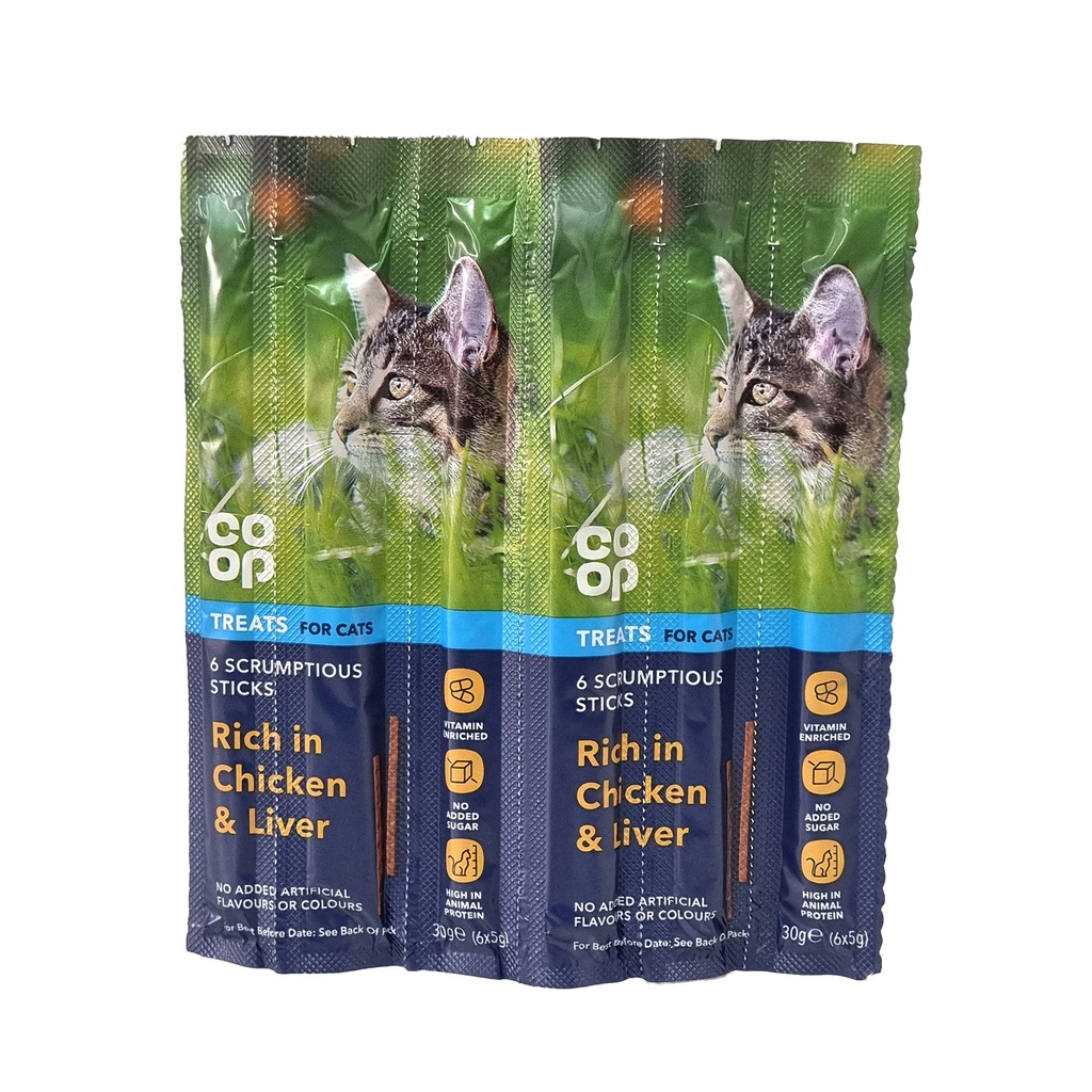 CO-OP TREATS FOR CATS 6 SCRUMPTIOUS STICKS WITH CHICKEN & LIVER 30G