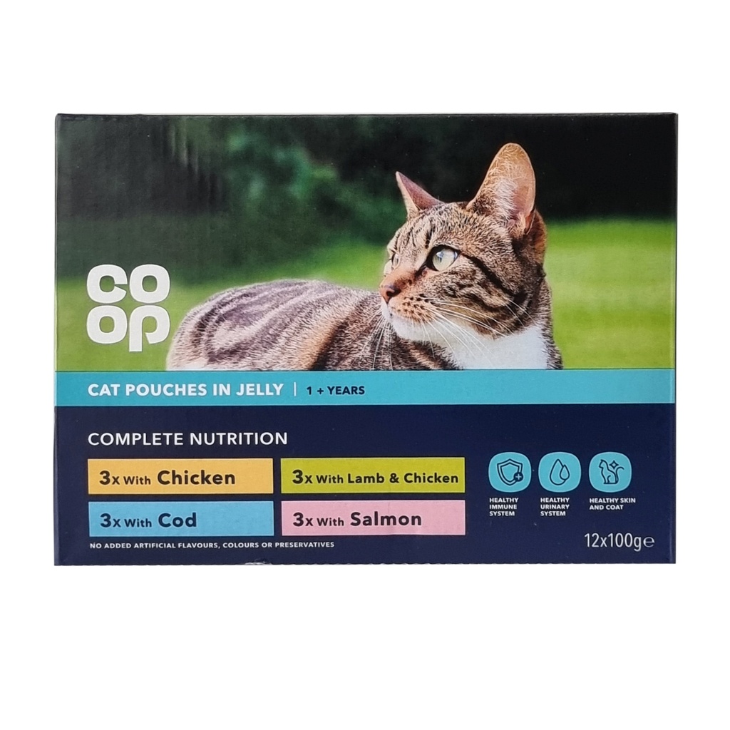 CO-OP CAT WET FOOD 1+ YEARS CHICKEN/LAMB/COD/SALMON IN JELLY 12x100G