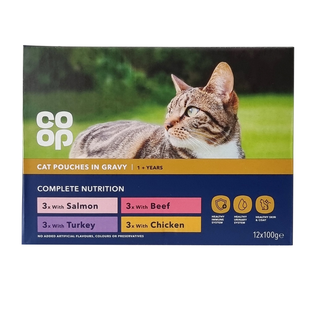 CO-OP CAT WET FOOD 1+ YEARS TASTY CHUNKS IN GRAVY CHICKEN/BEEF/SALMON/TURKEY 12X100G