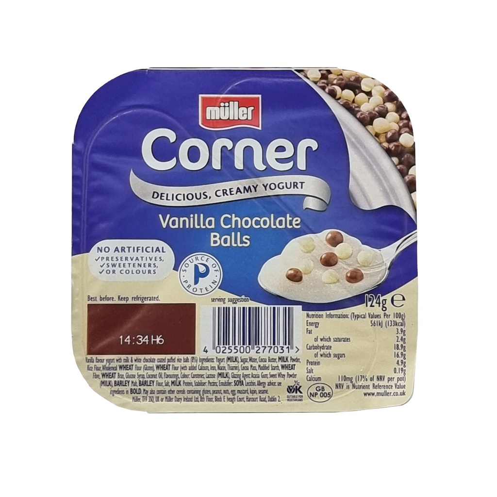 MULLER CORNER CREAMY YOGURT VANILLA CHOCOLATE BALLS 124G