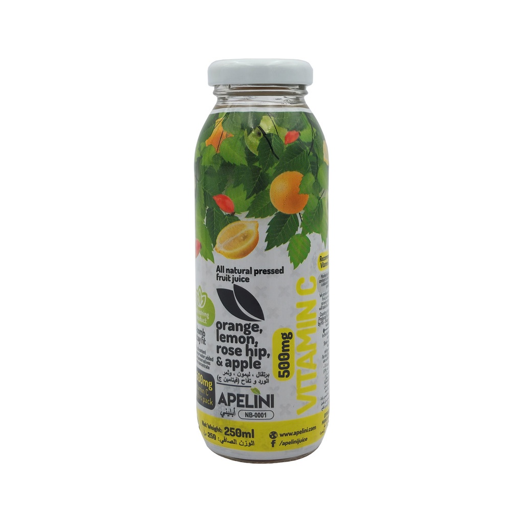 APELINI NATURAL PRESSED JUICE VITAMIN C 500MG ORANGE, LEMON, ROSE HIP & APPLE 250ML