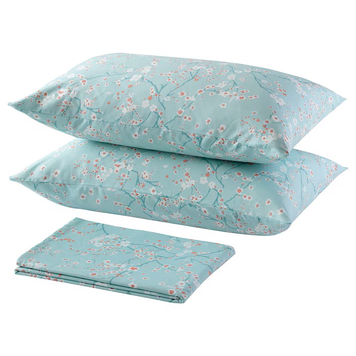 IKEA ASKLÖNN FLAT SHEET 240X260CM, 2 PILLOWCASE 50X80CM, CHERRY BLOSSOM BRANCH/WHITE/GREEN