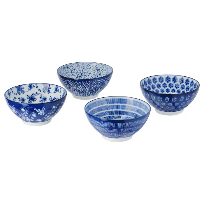 IKEA ENTUSIASM BOWL, PATTERNED/BLUE 12CM (4½") 4 BOWL SET