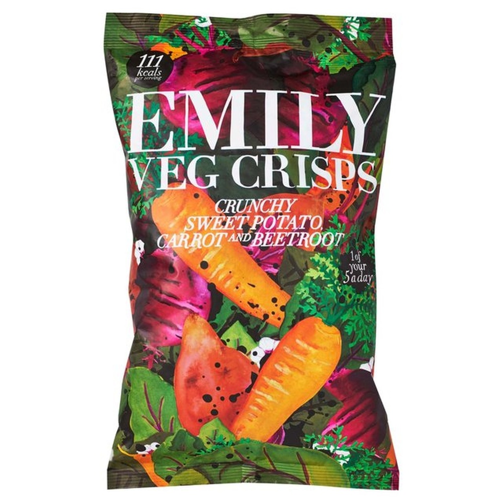 EMILY VEG CRISPS MIXED ROOTS,CRUNCHY SWEET POTATO,CARROT & BEETROOT 30G