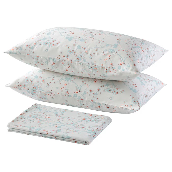 IKEA ASKLÖNN FLAT SHEET, 2 PILLOWCASE, CHERRY BLOSSOM BRANCH/GREEN/WHITE 240X260X50X80CM (94X102X20X32")