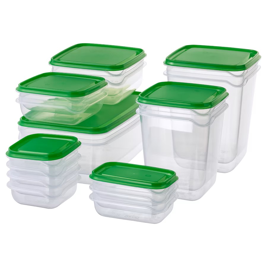 IKEA PRUTAFOOD CONTAINER, SET OF 17, CLEAR/GREEN