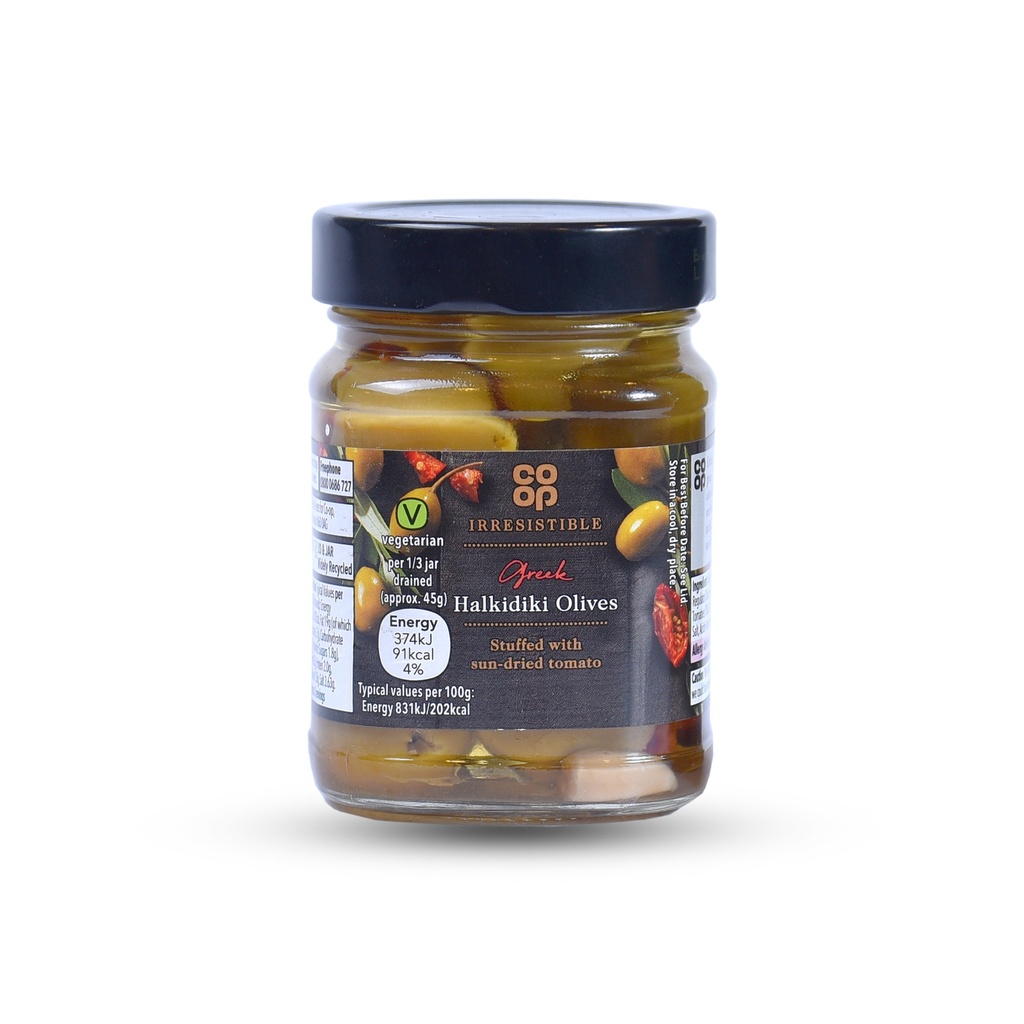 CO-OP GREEK GREEN OLIVES STUFFED WITH SUN-DRIED TOMATO 230G