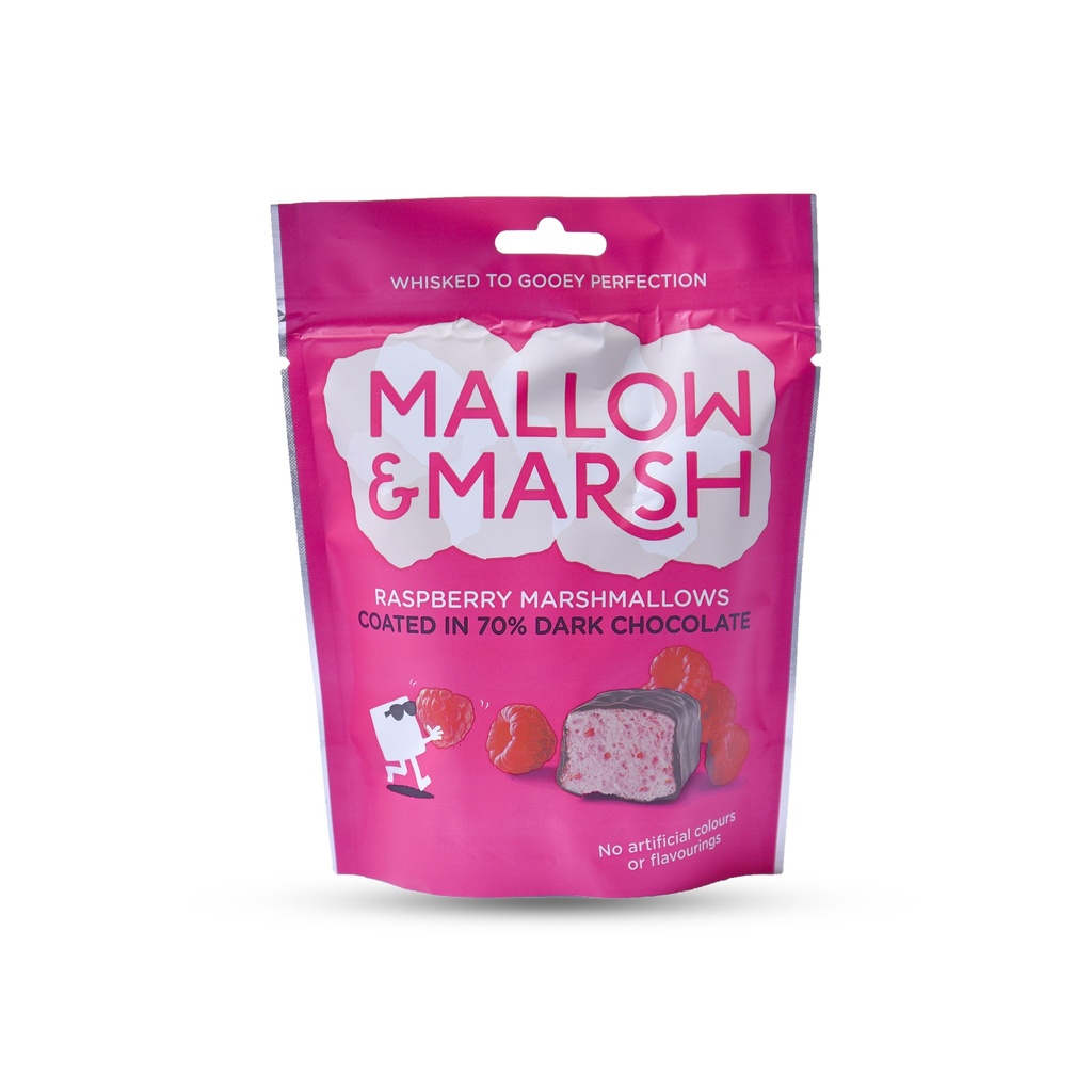 MALLOW & MARSH DARK CHOCOLATE COATED RASPBERRY MASHMALLOWS 100G