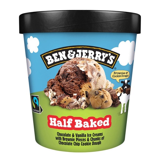 BEN & JERRYS HALF BAKED CHOCOLATE & VANILLA WITH BROWNIE PIECES 465ML