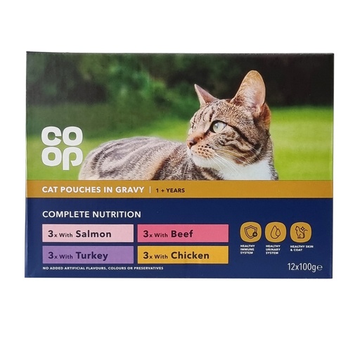 CO-OP CAT WET FOOD 1+ YEARS TASTY CHUNKS IN GRAVY CHICKEN/BEEF/SALMON/TURKEY 12X100G