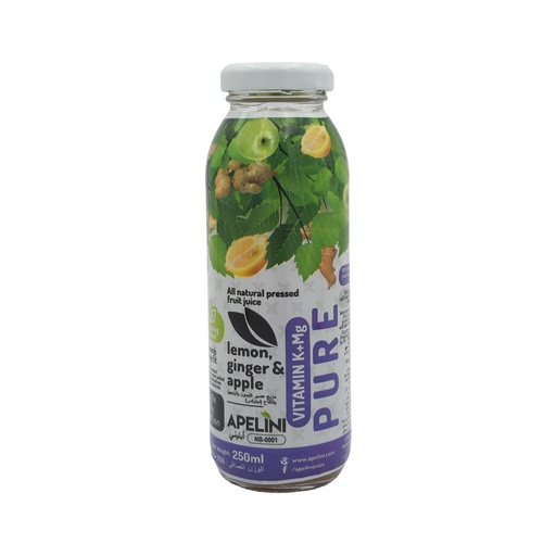 APELINI NATURAL PRESSED JUICE PURE VITAMIN K+Mg LEMON, GINGER & APPLE 250ML