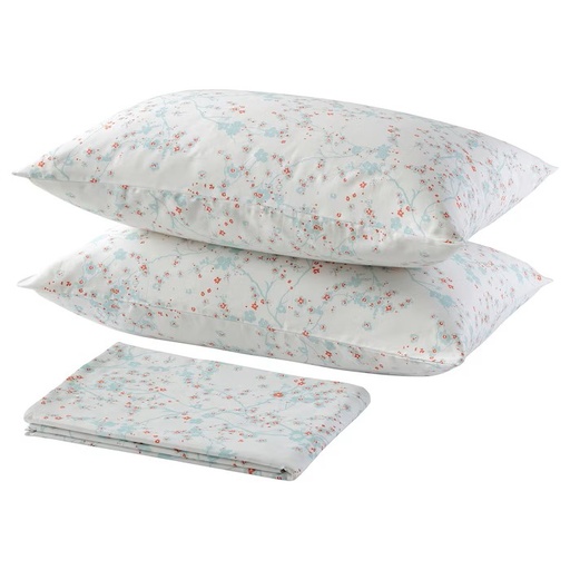 [705.055.63] IKEA ASKLÖNN FLAT SHEET 240X260CM, 2 PILLOWCASE 50X80CM, CHERRY BLOSSOM BRANCH/GREEN/WHITE