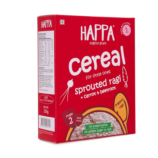 HAPPA ORGANIC CEREAL SPROUTED FINGER MILLET (RAGI) CARROT + BEETROOT 200G