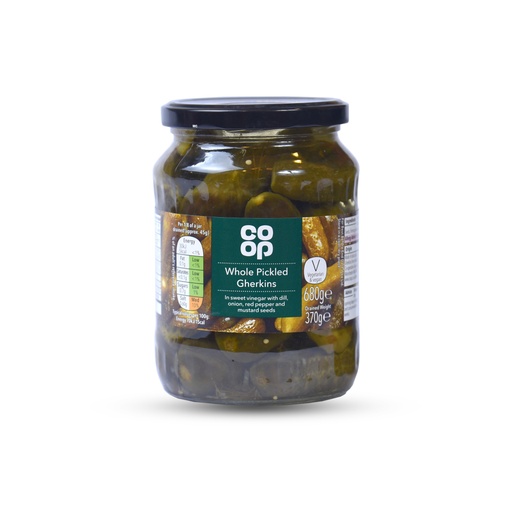 CO-OP PICKLED GHERKINS IN SWEET VINEGAR 680G